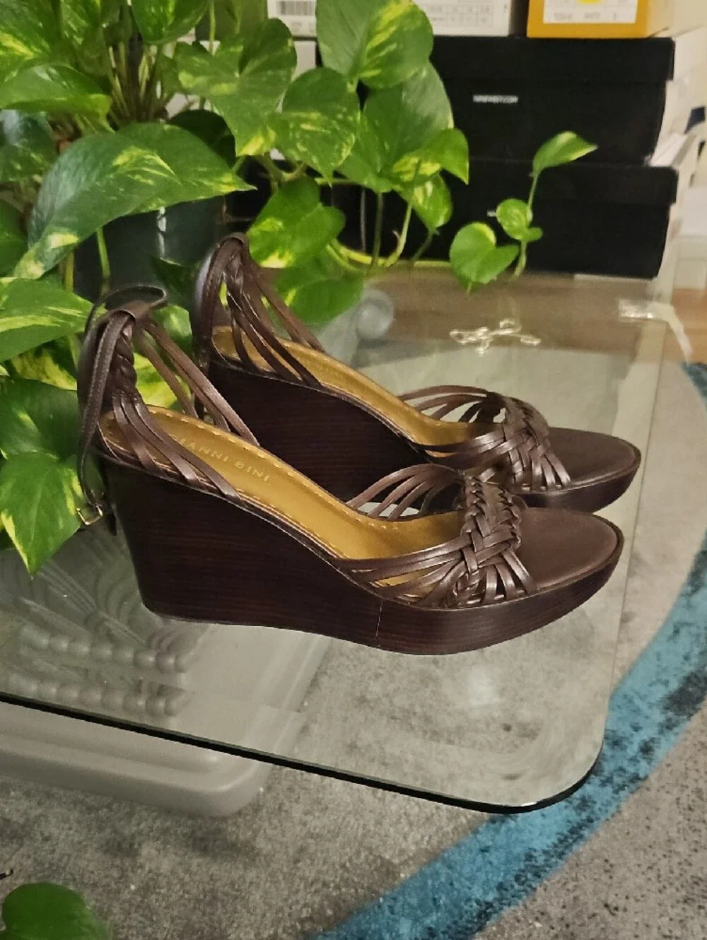 Gianni Bini Dark Brown Braided Leather Wedge Sandals